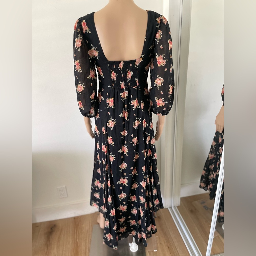 Free People Tiered Floral Maxi Dress Asymmetric Hem Layered Black Cottage Boho - Picture 7 of 12